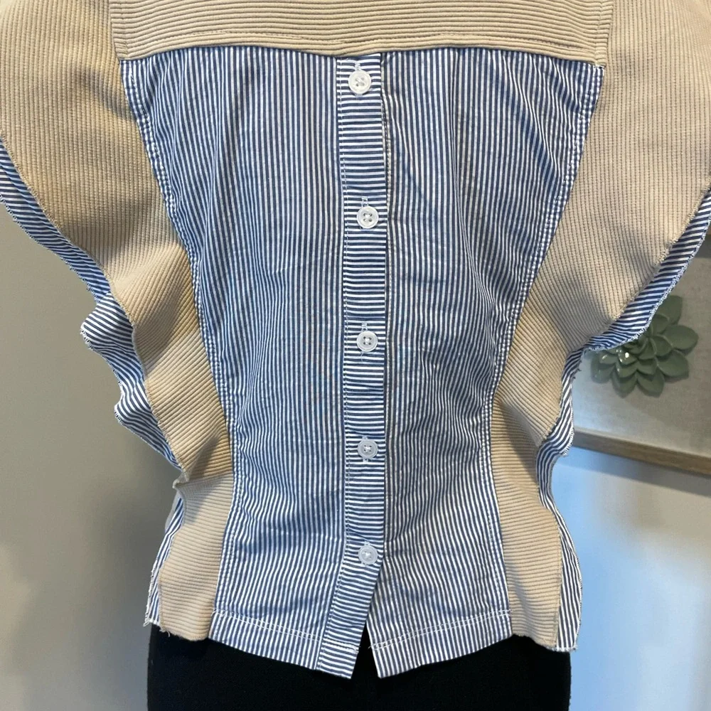Anthropologie Nautical Ruffle Blouse With Back Buttons EUC - Picture 10 of 14